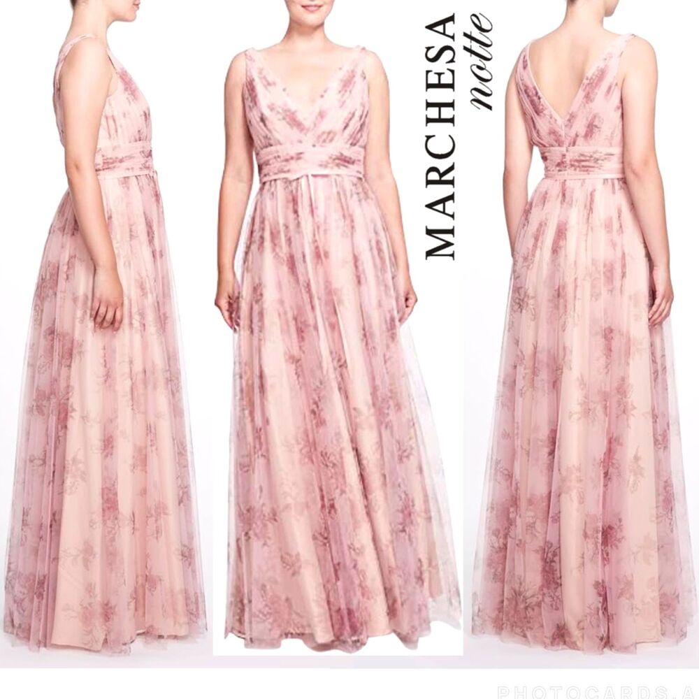 Marchesa Notte V-Neck Floral Tulle A-Line Gown Size 6